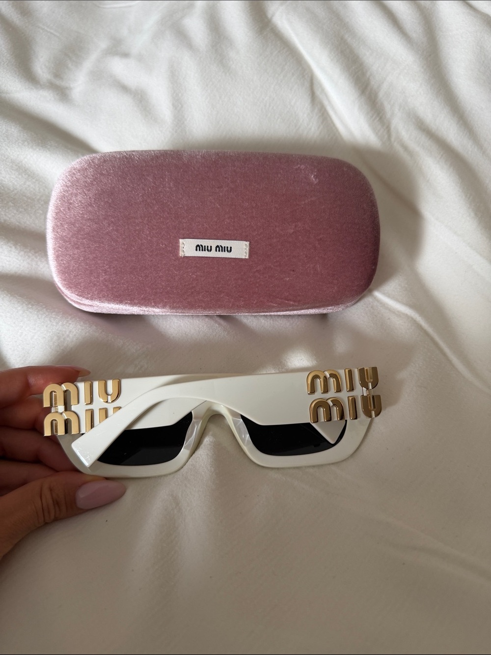 Miu Miu White Sunglasses with Gold Logo Accents - Picture 2 of 10